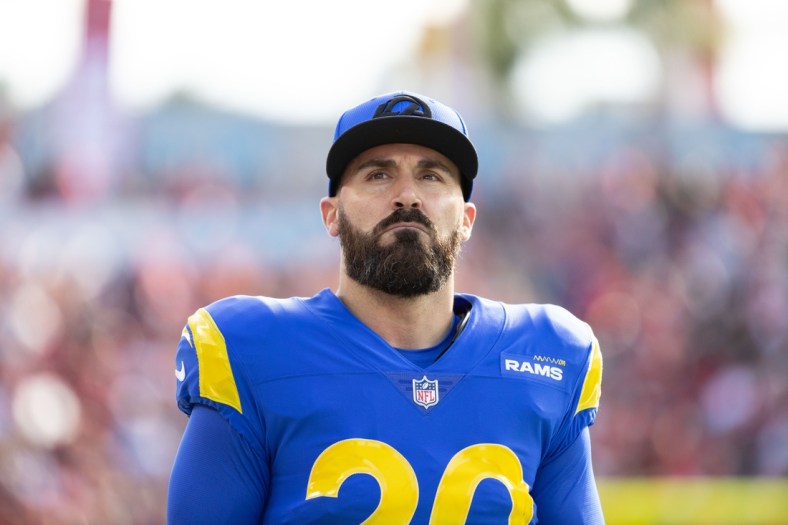 Jan 23, 2022; Tampa, Florida, USA; Los Angeles Rams cornerback Eric Weddle (20) looks on during the first half against the Tampa Bay Buccaneers during a NFC Divisional playoff football game at Raymond James Stadium. Mandatory Credit: Matt Pendleton-USA TODAY Sports