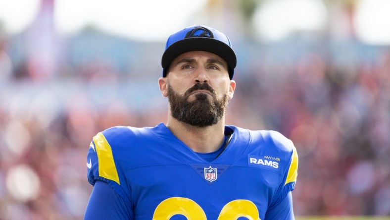 Jan 23, 2022; Tampa, Florida, USA; Los Angeles Rams cornerback Eric Weddle (20) looks on during the first half against the Tampa Bay Buccaneers during a NFC Divisional playoff football game at Raymond James Stadium. Mandatory Credit: Matt Pendleton-USA TODAY Sports