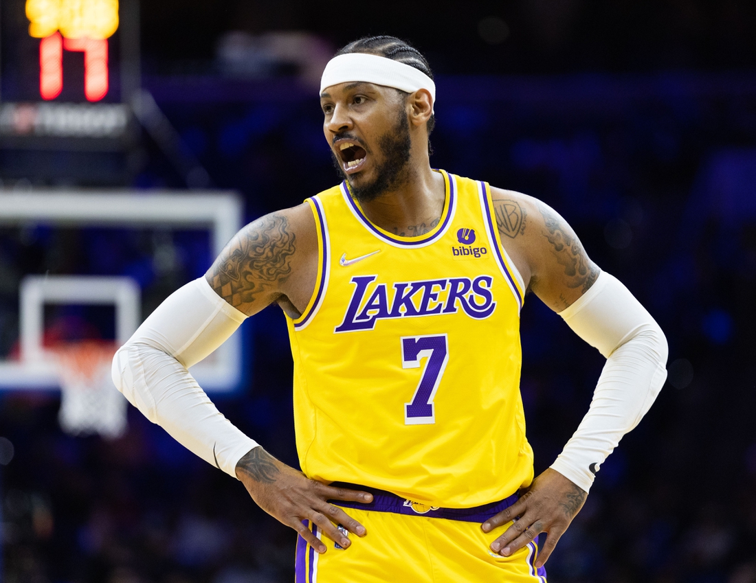 Jan 27, 2022; Philadelphia, Pennsylvania, USA; Los Angeles Lakers forward Carmelo Anthony (7) in a game against the Philadelphia 76ers during the second quarter at Wells Fargo Center. Mandatory Credit: Bill Streicher-USA TODAY Sports