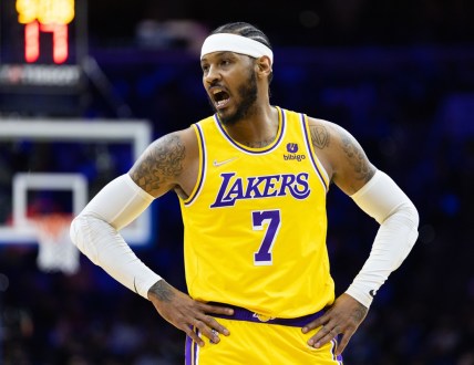 Jan 27, 2022; Philadelphia, Pennsylvania, USA; Los Angeles Lakers forward Carmelo Anthony (7) in a game against the Philadelphia 76ers during the second quarter at Wells Fargo Center. Mandatory Credit: Bill Streicher-USA TODAY Sports