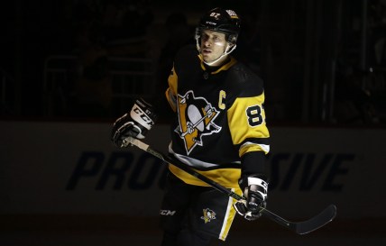 Feb 1, 2022; Pittsburgh, Pennsylvania, USA;  Pittsburgh Penguins center Sidney Crosby (87) takes the ice against the Washington Capitals during the first period at PPG Paints Arena. Mandatory Credit: Charles LeClaire-USA TODAY Sports