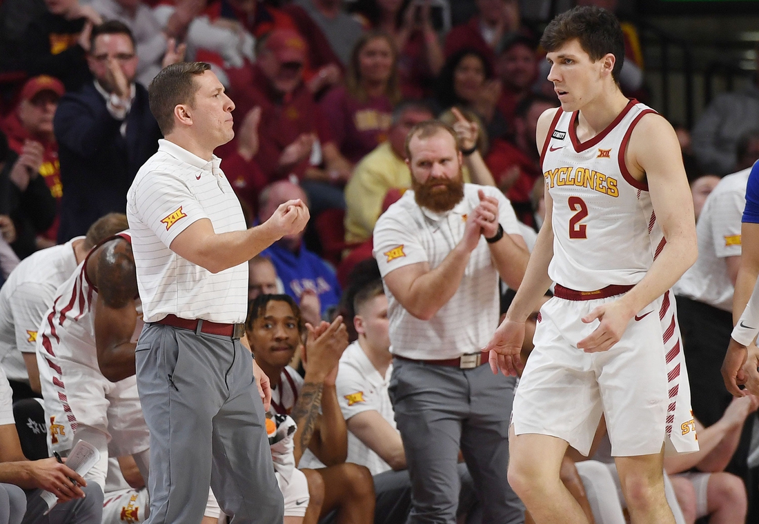 Iowa State Cyclones men's basketball head coach T.J. Otzelberger reacts during the first half against Kansas at Hilton Coliseum Tuesday, Feb. 1, 2022, in Ames, Iowa.