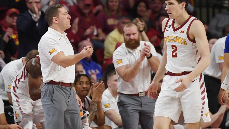 Iowa State Cyclones men's basketball head coach T.J. Otzelberger reacts during the first half against Kansas at Hilton Coliseum Tuesday, Feb. 1, 2022, in Ames, Iowa.