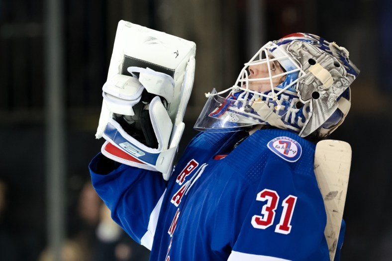 Feb 1, 2022; New York, New York, USA; New York Rangers goaltender Igor Shesterkin (31) reacts after defeating the Florida Panthers at Madison Square Garden. Mandatory Credit: Vincent Carchietta-USA TODAY Sports