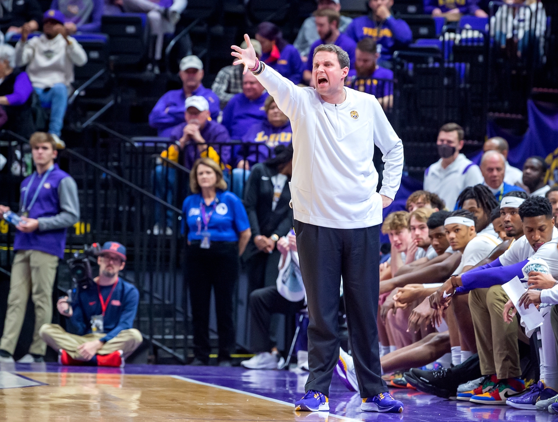 Feb 1, 2022; Baton Rouge, Louisiana, USA;  LSU Tigers head coach Will Wade reacts during the first half against the Mississippi Rebels at Pete Maravich Assembly Center. Mandatory Credit: Scott Clause-USA TODAY Sports