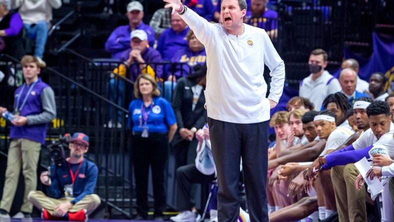 Feb 1, 2022; Baton Rouge, Louisiana, USA;  LSU Tigers head coach Will Wade reacts during the first half against the Mississippi Rebels at Pete Maravich Assembly Center. Mandatory Credit: Scott Clause-USA TODAY Sports