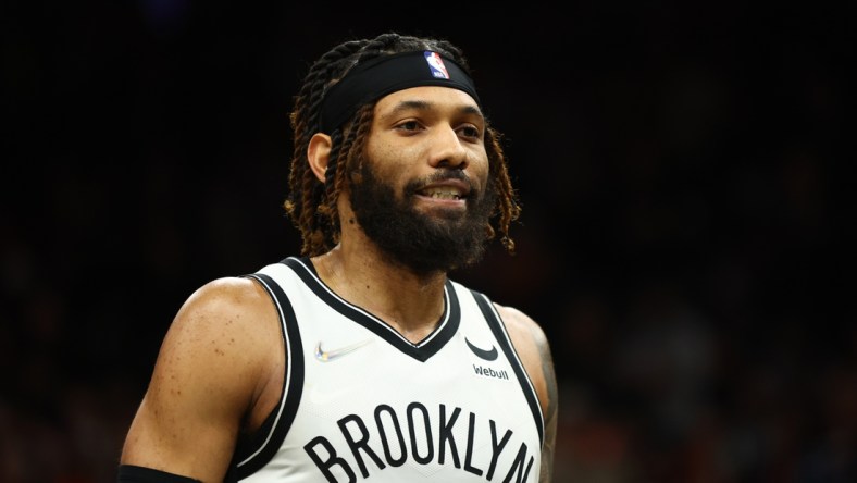 Feb 1, 2022; Phoenix, Arizona, USA; Brooklyn Nets guard DeAndre' Bembry (95) against the Phoenix Suns at Footprint Center. Mandatory Credit: Mark J. Rebilas-USA TODAY Sports