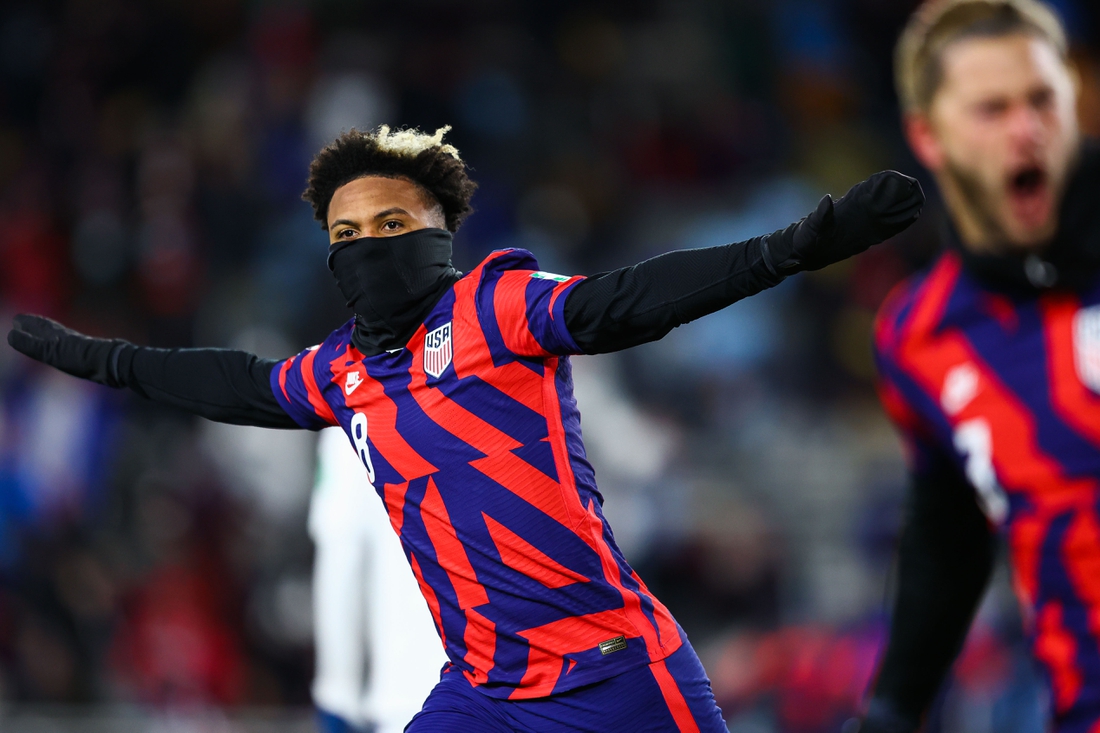 Feb 2, 2022; St. Paul, Minnesota, USA; United States midfielder Weston McKennie (8) reacts after scoring against Honduras during a CONCACAF FIFA World Cup Qualifier soccer match at Allianz Field. Mandatory Credit: Harrison Barden-USA TODAY Sports