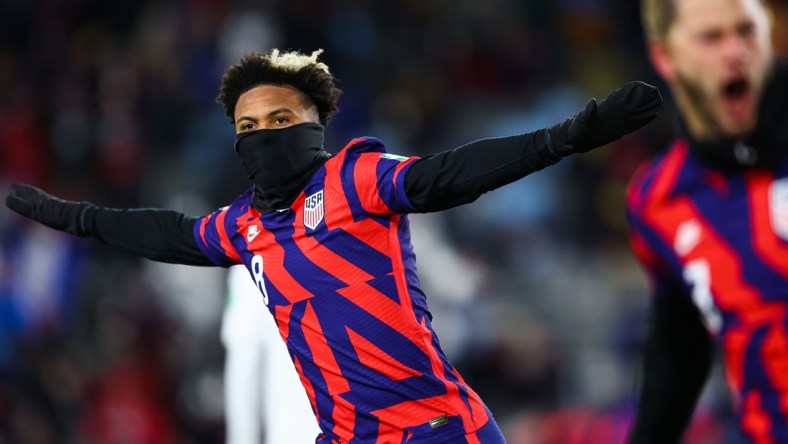 Feb 2, 2022; St. Paul, Minnesota, USA; United States midfielder Weston McKennie (8) reacts after scoring against Honduras during a CONCACAF FIFA World Cup Qualifier soccer match at Allianz Field. Mandatory Credit: Harrison Barden-USA TODAY Sports