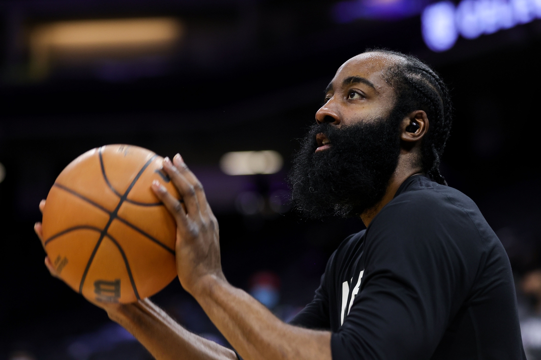 Feb 2, 2022; Sacramento, California, USA; Brooklyn Nets guard James Harden (13) warms up before the game against the Sacramento Kings at Golden 1 Center. Mandatory Credit: Sergio Estrada-USA TODAY Sports