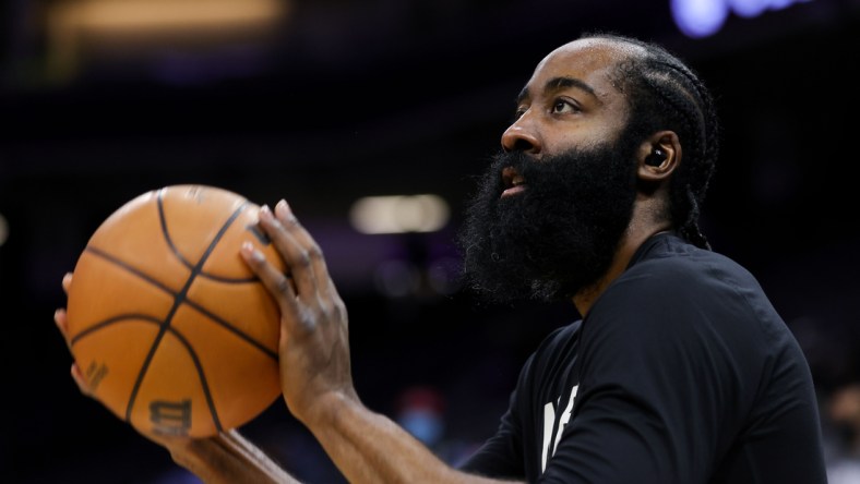 Feb 2, 2022; Sacramento, California, USA; Brooklyn Nets guard James Harden (13) warms up before the game against the Sacramento Kings at Golden 1 Center. Mandatory Credit: Sergio Estrada-USA TODAY Sports