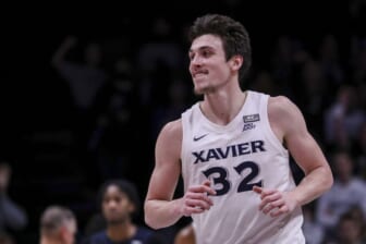Feb 2, 2022; Cincinnati, Ohio, USA; Xavier Musketeers forward Zach Freemantle (32) reacts after a play against the Butler Bulldogs in the second half at Cintas Center. Mandatory Credit: Katie Stratman-USA TODAY Sports