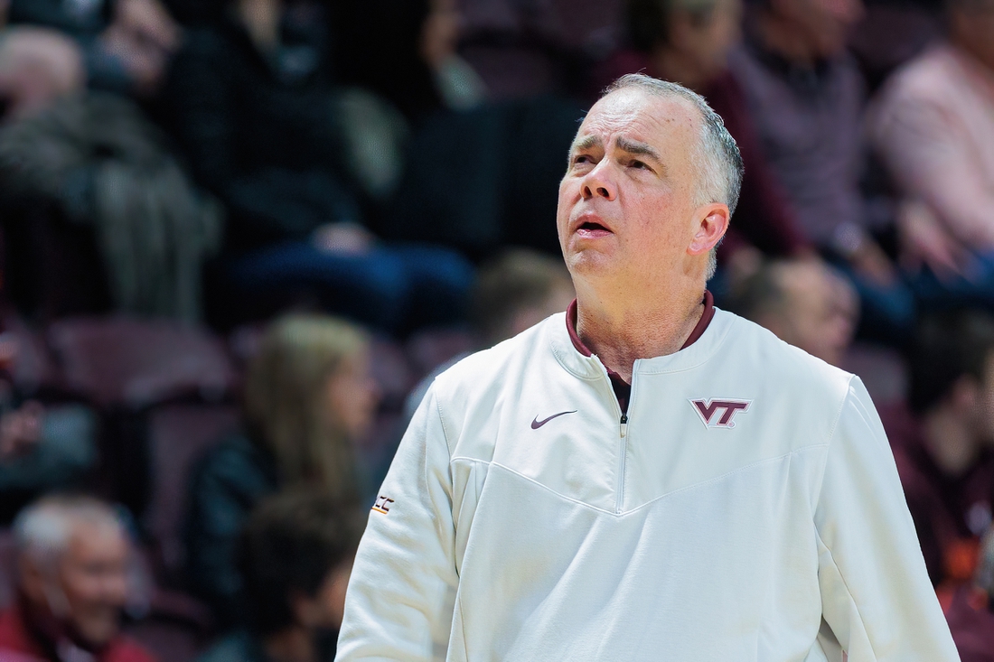 Feb 2, 2022; Blacksburg, Virginia, USA; Virginia Tech Hokies head coach Mike Young looks on during a game against the Georgia Tech Yellow Jackets during the second half at Cassell Coliseum. Mandatory Credit: Ryan Hunt-USA TODAY Sports