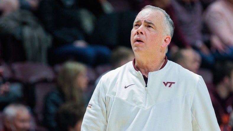 Feb 2, 2022; Blacksburg, Virginia, USA; Virginia Tech Hokies head coach Mike Young looks on during a game against the Georgia Tech Yellow Jackets during the second half at Cassell Coliseum. Mandatory Credit: Ryan Hunt-USA TODAY Sports