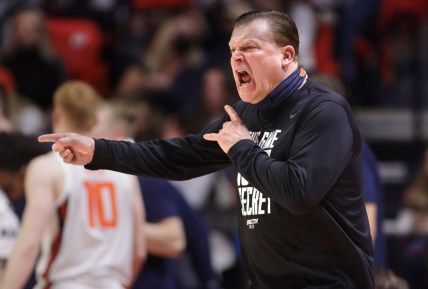 Feb 2, 2022; Champaign, Illinois, USA;  Illinois Fighting Illini head coach Brad Underwood reacts on the sideline during the first half against the Wisconsin Badgers State Farm Center. Mandatory Credit: Ron Johnson-USA TODAY Sports