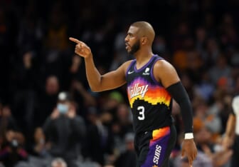 Feb 1, 2022; Phoenix, Arizona, USA; Phoenix Suns guard Chris Paul (3) reacts against the Brooklyn Nets at Footprint Center. Mandatory Credit: Mark J. Rebilas-USA TODAY Sports