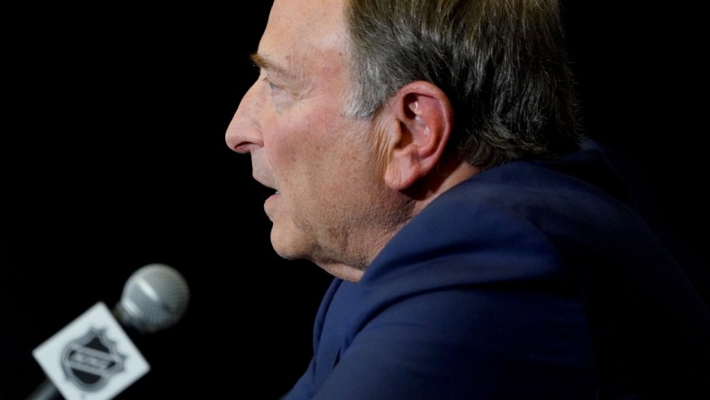 Feb 4, 2022; Las Vegas, Nevada, USA; NHL commissioner Gary Bettman speaks with media prior to the 2022 NHL All-Star Game Skills Competition at T-Mobile Arena. Mandatory Credit: Lucas Peltier-USA TODAY Sports