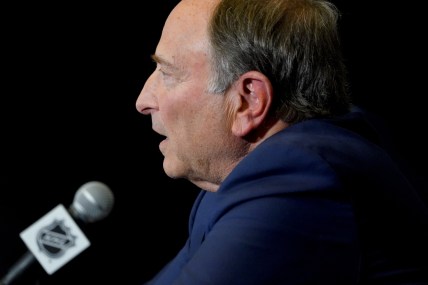 Feb 4, 2022; Las Vegas, Nevada, USA; NHL commissioner Gary Bettman speaks with media prior to the 2022 NHL All-Star Game Skills Competition at T-Mobile Arena. Mandatory Credit: Lucas Peltier-USA TODAY Sports