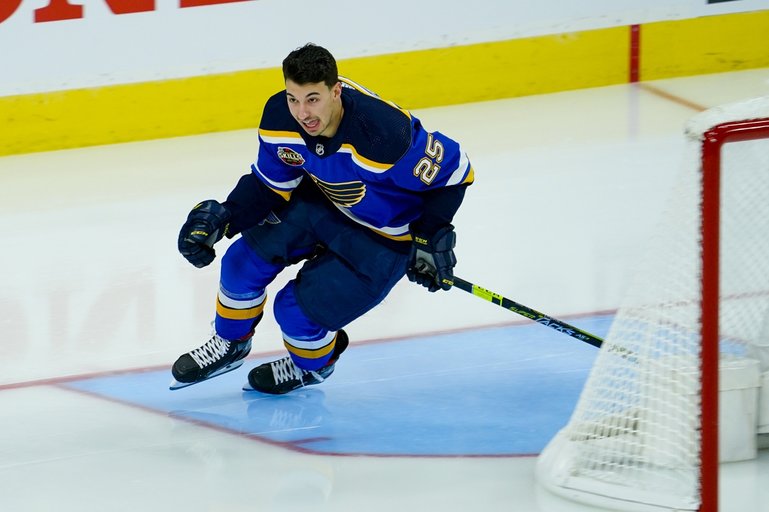 Feb 4, 2022; Las Vegas, Nevada, USA; Central Division forward Jordan Kyrou (25) of the St. Louis Blues skates in the fastest skater event during the 2022 NHL All-Star Game Skills Competition at T-Mobile Arena. Mandatory Credit: Lucas Peltier-USA TODAY Sports