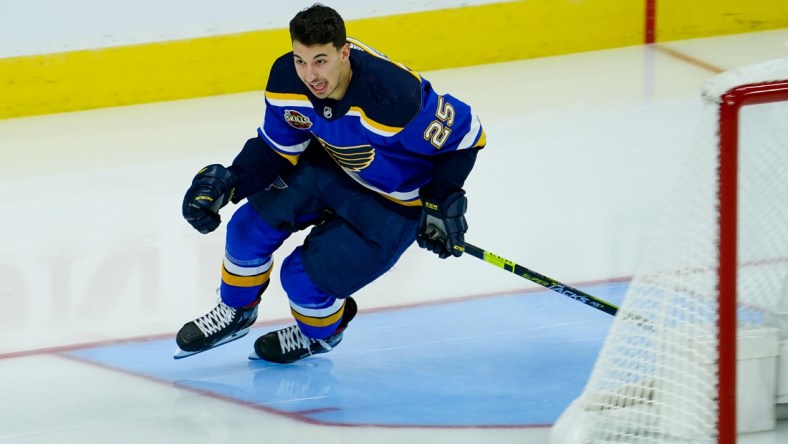 Feb 4, 2022; Las Vegas, Nevada, USA; Central Division forward Jordan Kyrou (25) of the St. Louis Blues skates in the fastest skater event during the 2022 NHL All-Star Game Skills Competition at T-Mobile Arena. Mandatory Credit: Lucas Peltier-USA TODAY Sports