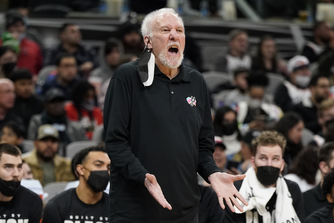 Feb 4, 2022; San Antonio, Texas, USA; San Antonio Spurs head coach Gregg Popovich during the second half against the Houston Rockets AT&T Center. Mandatory Credit: Scott Wachter-USA TODAY Sports