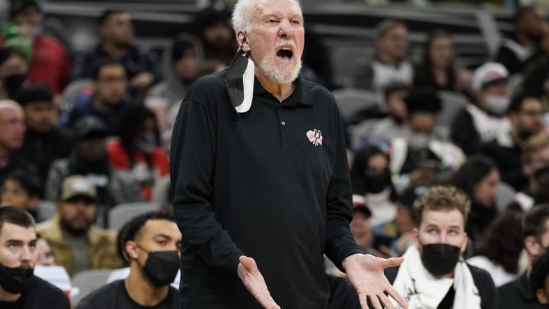 Feb 4, 2022; San Antonio, Texas, USA; San Antonio Spurs head coach Gregg Popovich during the second half against the Houston Rockets AT&T Center. Mandatory Credit: Scott Wachter-USA TODAY Sports