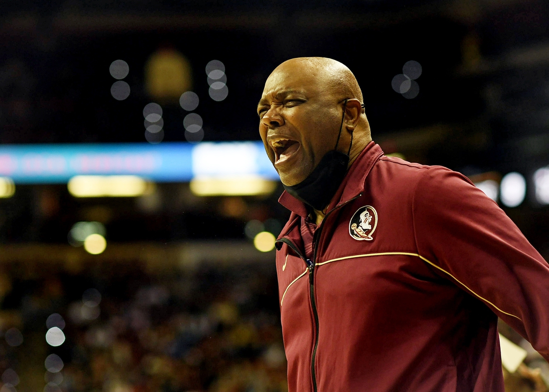 Feb 5, 2022; Tallahassee, Florida, USA; Florida State Seminoles head coach Leonard Hamilton reacts to a call by the ref during the game against the Wake Forest Deamon Deacons at Donald L. Tucker Center. Mandatory Credit: Melina Myers-USA TODAY Sports