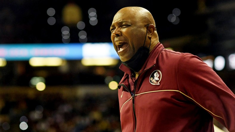 Feb 5, 2022; Tallahassee, Florida, USA; Florida State Seminoles head coach Leonard Hamilton reacts to a call by the ref during the game against the Wake Forest Deamon Deacons at Donald L. Tucker Center. Mandatory Credit: Melina Myers-USA TODAY Sports