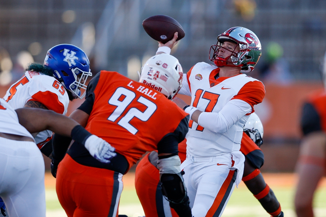 Feb 5, 2022; Mobile, AL, USA;  American squad quarterback Bailey Zappe of Western Kentucky (17) throws a pass in the second half against the National squad at Hancock Whitney Stadium. Mandatory Credit: Nathan Ray Seebeck-USA TODAY Sports