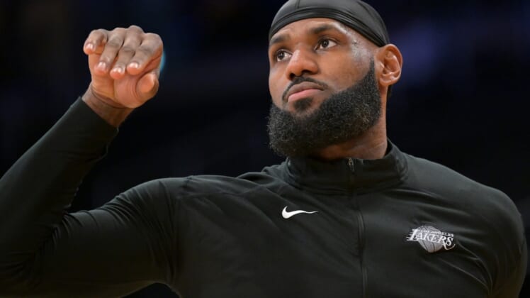 Feb 5, 2022; Los Angeles, California, USA;   Los Angeles Lakers forward LeBron James (6) as he warms up before the game against the New York Knicks at Crypto.com Arena. Mandatory Credit: Jayne Kamin-Oncea-USA TODAY Sports