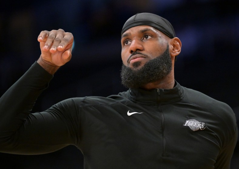 Feb 5, 2022; Los Angeles, California, USA;   Los Angeles Lakers forward LeBron James (6) as he warms up before the game against the New York Knicks at Crypto.com Arena. Mandatory Credit: Jayne Kamin-Oncea-USA TODAY Sports