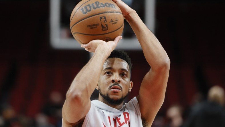 Feb 5, 2022; Portland, Oregon, USA; Portland Trail Blazers shooting guard CJ McCollum (3) warms up prior to a game against the Milwaukee Bucks at Moda Center. Mandatory Credit: Soobum Im-USA TODAY Sports