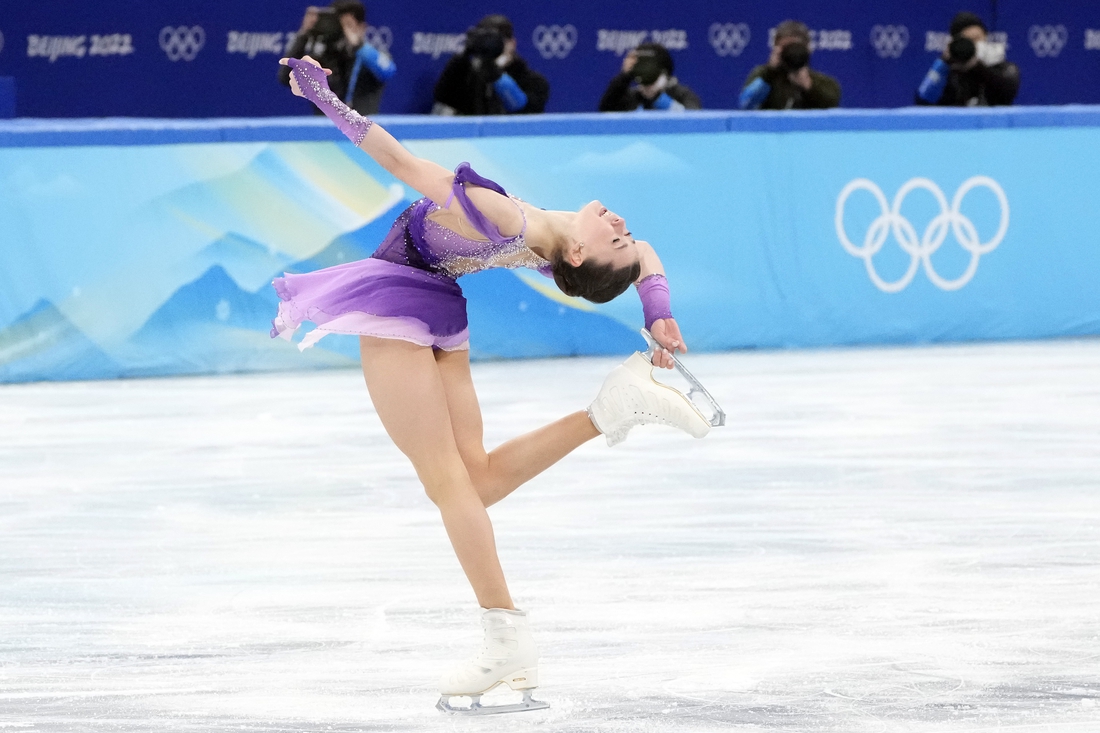 Feb 6, 2022; Beijing, China; Kamila Valieva (ROC) skates in the women's single skating short program during the Beijing 2022 Olympic Winter Games at Capital Indoor Stadium. Mandatory Credit: Robert Deutsch-USA TODAY Sports