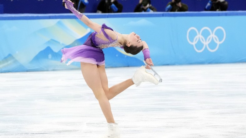 Feb 6, 2022; Beijing, China; Kamila Valieva (ROC) skates in the women's single skating short program during the Beijing 2022 Olympic Winter Games at Capital Indoor Stadium. Mandatory Credit: Robert Deutsch-USA TODAY Sports