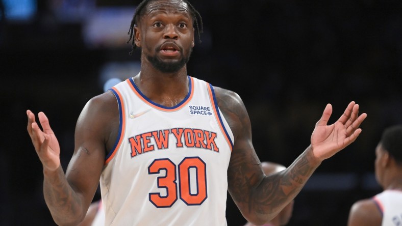 Feb 5, 2022; Los Angeles, California, USA;   New York Knicks forward Julius Randle (30) reacts after he was called for a foul in the second half against the Los Angeles Lakers at Crypto.com Arena. Mandatory Credit: Jayne Kamin-Oncea-USA TODAY Sports