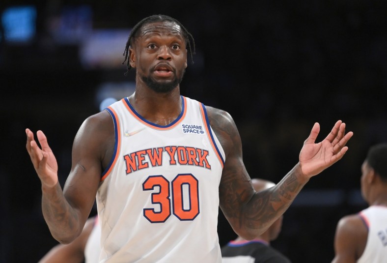 Feb 5, 2022; Los Angeles, California, USA;   New York Knicks forward Julius Randle (30) reacts after he was called for a foul in the second half against the Los Angeles Lakers at Crypto.com Arena. Mandatory Credit: Jayne Kamin-Oncea-USA TODAY Sports