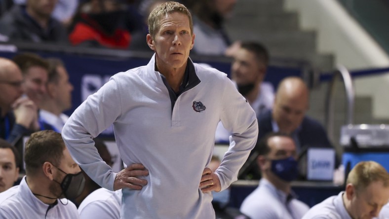 Feb 5, 2022; Provo, Utah, USA; Gonzaga Bulldogs head coach Mark Few reacts during the first half against the Brigham Young Cougars at Marriott Center. Mandatory Credit: Rob Gray-USA TODAY Sports