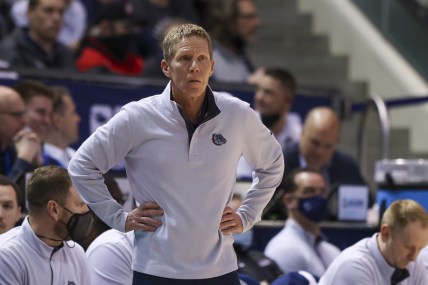 Feb 5, 2022; Provo, Utah, USA; Gonzaga Bulldogs head coach Mark Few reacts during the first half against the Brigham Young Cougars at Marriott Center. Mandatory Credit: Rob Gray-USA TODAY Sports