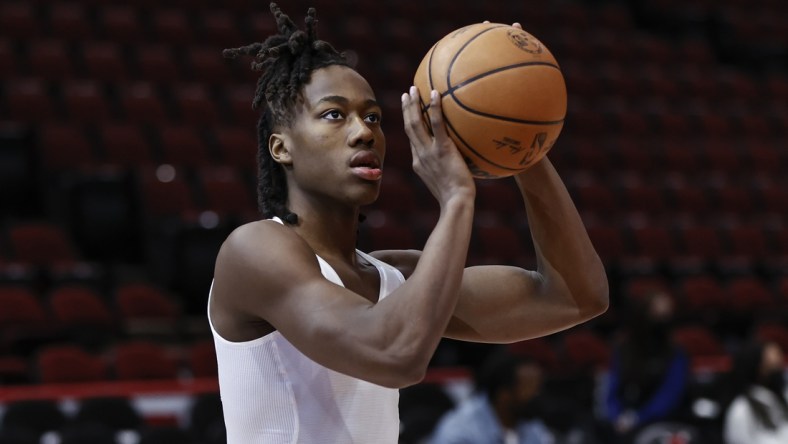 Feb 6, 2022; Chicago, Illinois, USA; Chicago Bulls guard Ayo Dosunmu (12) warms up before an NBA game against the Philadelphia 76ers at United Center. Mandatory Credit: Kamil Krzaczynski-USA TODAY Sports