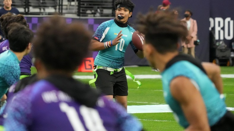 Feb 6, 2022; Paradise, Nevada, USA; The Pro Bowl boys flag football age 14 and under championship game is played at Allegiant Stadium. Mandatory Credit: Kirby Lee-USA TODAY Sports