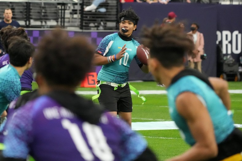 Feb 6, 2022; Paradise, Nevada, USA; The Pro Bowl boys flag football age 14 and under championship game is played at Allegiant Stadium. Mandatory Credit: Kirby Lee-USA TODAY Sports