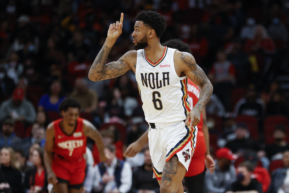 Feb 6, 2022; Houston, Texas, USA; New Orleans Pelicans guard Nickeil Alexander-Walker (6) reacts after scoring a basket during the third quarter against the Houston Rockets at Toyota Center. Mandatory Credit: Troy Taormina-USA TODAY Sports