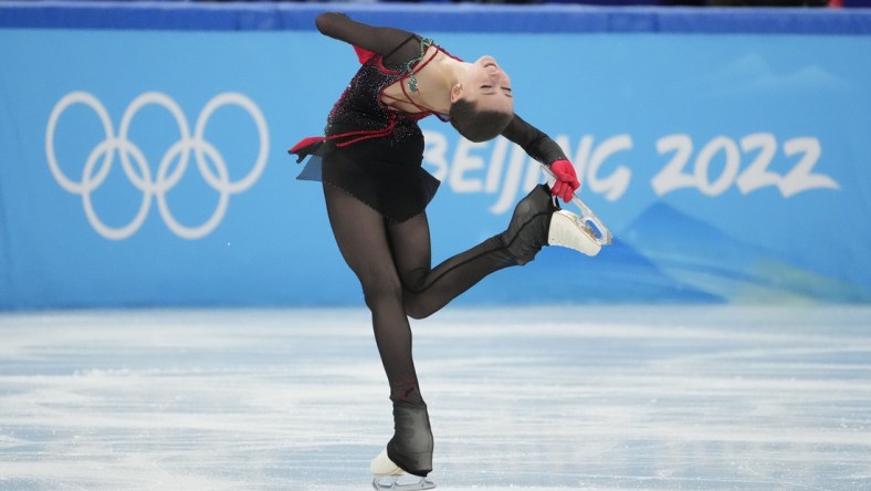 Feb 7, 2022; Beijing, China; Kamila Valieva (ROC) performs during the women's single free skating portion of the figure skating mixed team final during the Beijing 2022 Olympic Winter Games at Capital Indoor Stadium. Mandatory Credit: Robert Deutsch-USA TODAY Sports