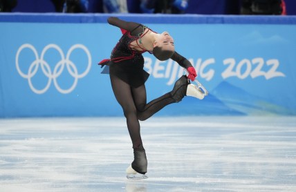 Feb 7, 2022; Beijing, China; Kamila Valieva (ROC) performs during the women's single free skating portion of the figure skating mixed team final during the Beijing 2022 Olympic Winter Games at Capital Indoor Stadium. Mandatory Credit: Robert Deutsch-USA TODAY Sports