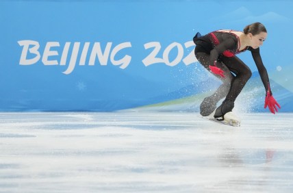 Feb 7, 2022; Beijing, China; Kamila Valieva (ROC) falls during the women's single free skating portion of the figure skating mixed team final during the Beijing 2022 Olympic Winter Games at Capital Indoor Stadium. Mandatory Credit: Robert Deutsch-USA TODAY Sports