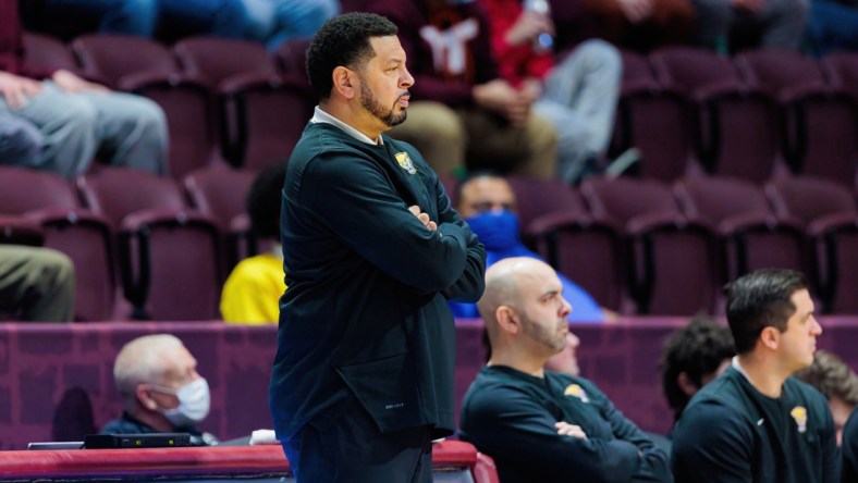 Feb 7, 2022; Blacksburg, Virginia, USA; Pittsburg Panthers head coach Jeff Capel looks on during a game against the Virginia Tech Hokies during the second half at Cassell Coliseum. Mandatory Credit: Ryan Hunt-USA TODAY Sports