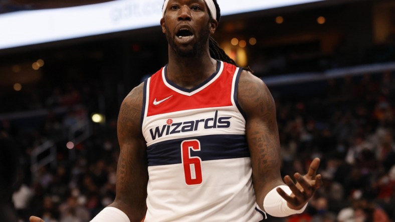 Feb 7, 2022; Washington, District of Columbia, USA; Washington Wizards center Montrezl Harrell (6) is assessed a technical foul after arguing a call against the Miami Heat during the fourth quarter at Capital One Arena. Mandatory Credit: Geoff Burke-USA TODAY Sports