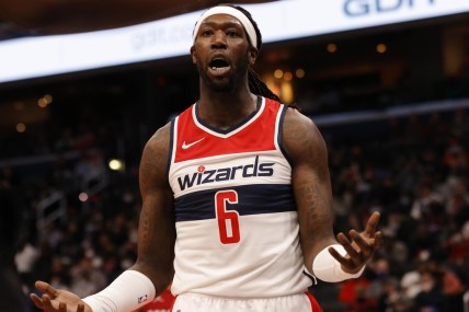 Feb 7, 2022; Washington, District of Columbia, USA; Washington Wizards center Montrezl Harrell (6) is assessed a technical foul after arguing a call against the Miami Heat during the fourth quarter at Capital One Arena. Mandatory Credit: Geoff Burke-USA TODAY Sports