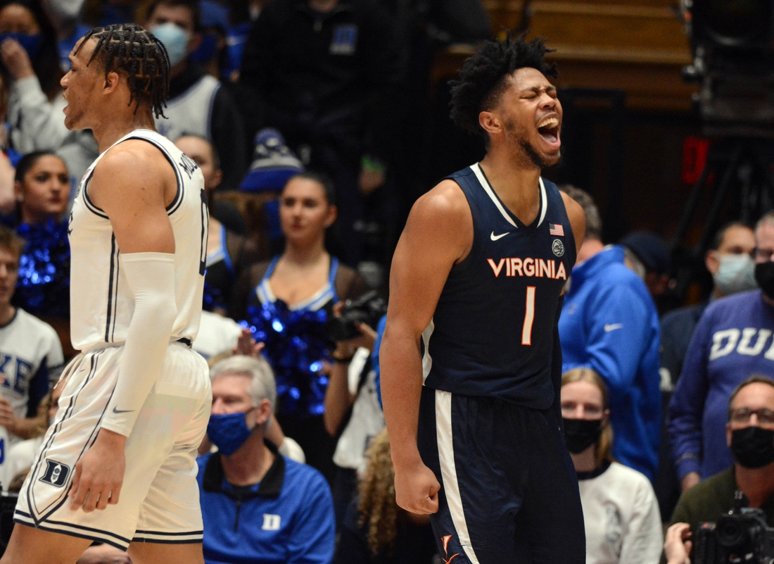 Feb 7, 2022; Durham, North Carolina, USA;  Virginia Cavaliers forward Jayden Gardner (1) reacts after scoring during the second half against the Duke Blue Devils at Cameron Indoor Stadium. The Cavaliers won 69-68. Mandatory Credit: Rob Kinnan-USA TODAY Sports