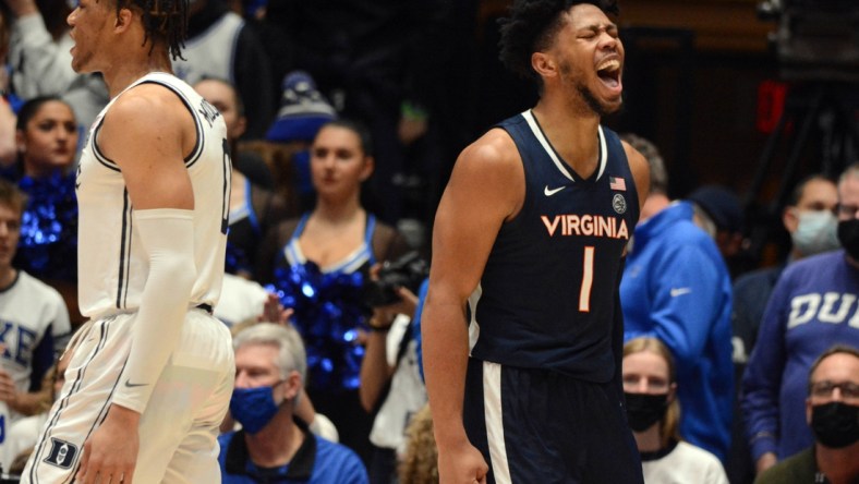 Feb 7, 2022; Durham, North Carolina, USA;  Virginia Cavaliers forward Jayden Gardner (1) reacts after scoring during the second half against the Duke Blue Devils at Cameron Indoor Stadium. The Cavaliers won 69-68. Mandatory Credit: Rob Kinnan-USA TODAY Sports